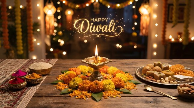 Diwali festival table setting with diya lamp, marigold flowers, and traditional indian sweets