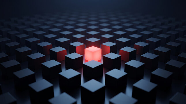 Anomaly detection concept featuring a single glowing red cube standing out among a grid of dark grey blocks
