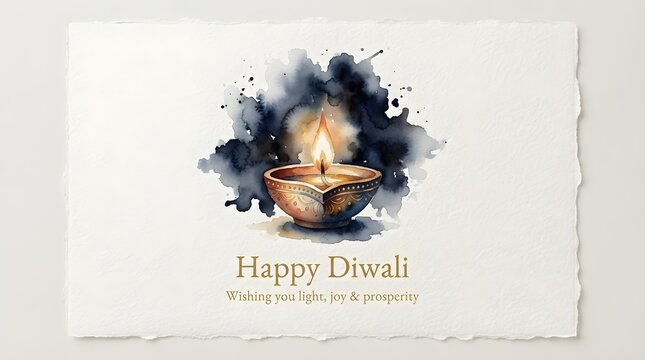 Happy diwali greeting card with watercolor diya lamp illustration
