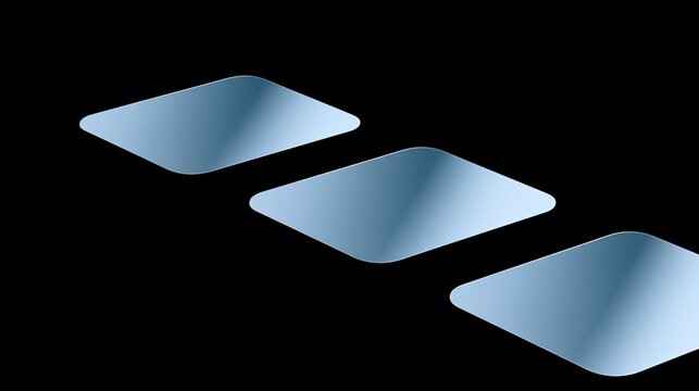 Three reflective rounded squares ascend diagonally on a black background