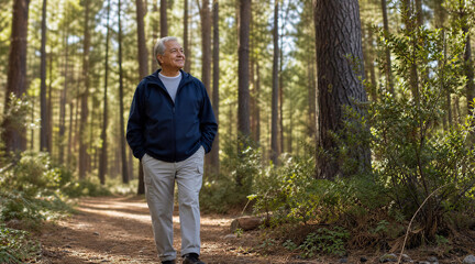 Obraz premium Active senior man walking on a forest trail in sunny morning light