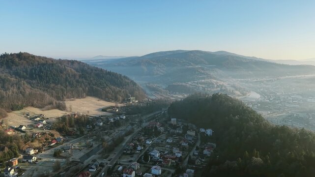 Early morning light over a serene mountain village