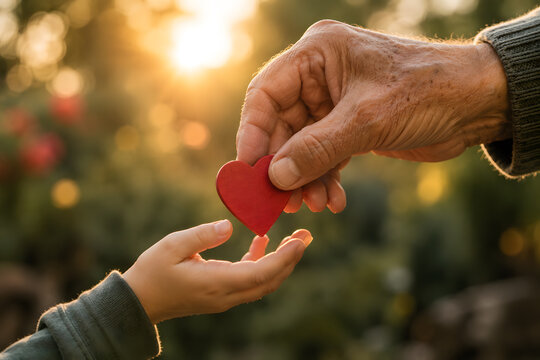 Grandfather Passing Handmade Heart to Grandson in Golden Sunlight