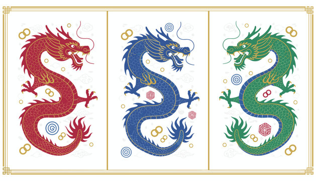 Set of three ornamental dragons in red blue and green colors arranged in a traditional style illustration.