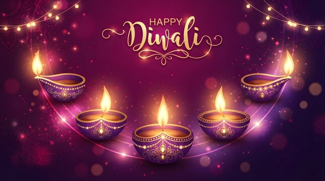 Happy diwali greeting card with glowing purple decorative oil lamps on a dark purple background with golden bokeh lights