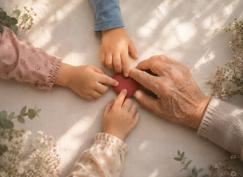 Three Generations of Women Sharing Heart as Symbol of Family Love