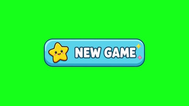 New game button animated light blue UI button with smiling star icon bouncing 4k chroma key green screen background