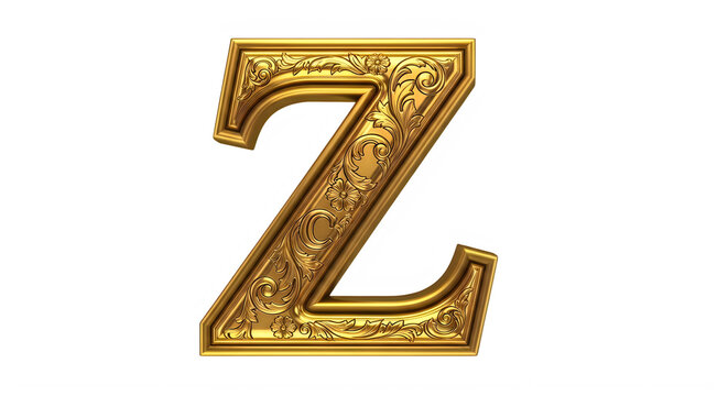 Elegant gold decorative letter Z with intricate embossed patterns isolated design transparent background