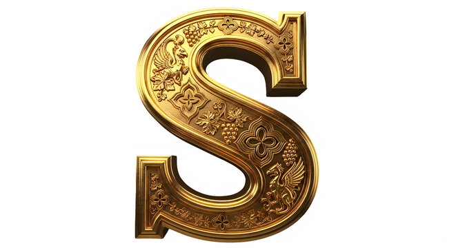 Elegant gold ornate letter S with intricate decorative patterns isolated design transparent background