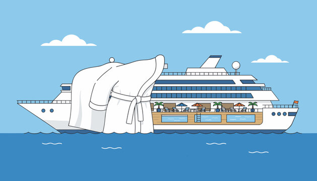 Cruise ship sailing on the ocean with a large white bath robe overlay suggesting luxury travel, spa services, and vacation relaxation.
