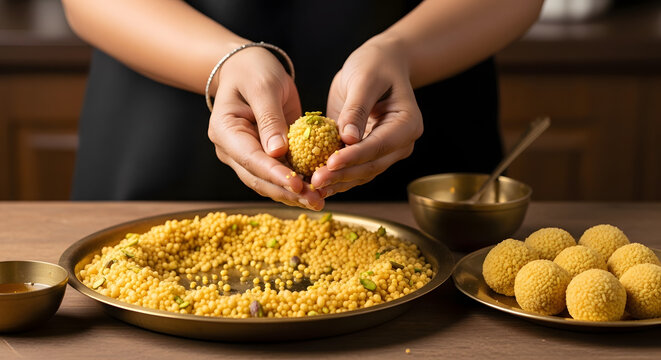 Hands shape traditional Indian sweet laddu balls during dessert preparation.