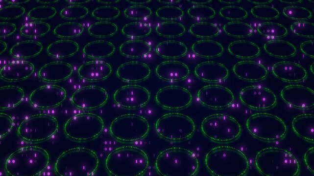 Futuristic Abstract Digital Technology Network Background Featuring Glowing Green Circular Ring Grid And Neon Pink Binary Code Zero And One Digits Floating In Perspective View For Cyber Security And