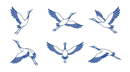 Fototapeta premium Crane bird vector silhouettes show various flying postures isolated on white backdrop.