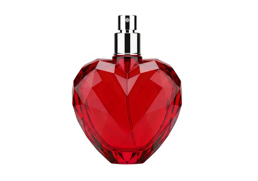 Heart shaped red crystal perfume glass bottle isolated on transparent background design element.