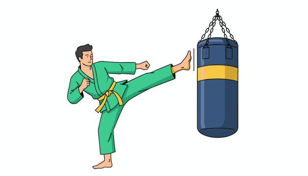 Karate student wearing a yellow belt practices high kicks on a hanging blue heavy bag in a studio.