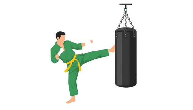 Martial arts practitioner in a green uniform performs a high side kick against a heavy hanging punching bag.