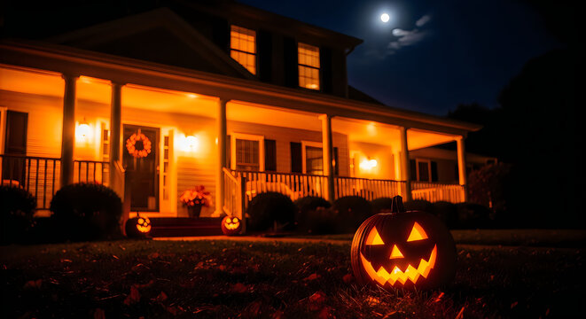 Warmly lit suburban house decorated for halloween with pumpkins and a wreath