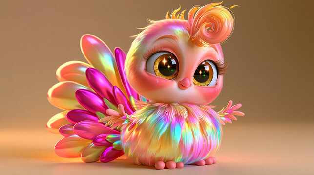 Adorable colorful fantasy bird with huge sparkling eyes and rainbow feathers, cute whimsical 3D animated creature with vibrant plumage and playful magical character design