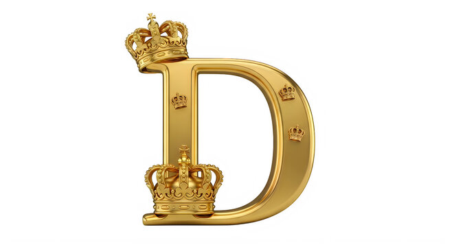 Golden decorative letter D with crowns isolated on transparent background transparent background