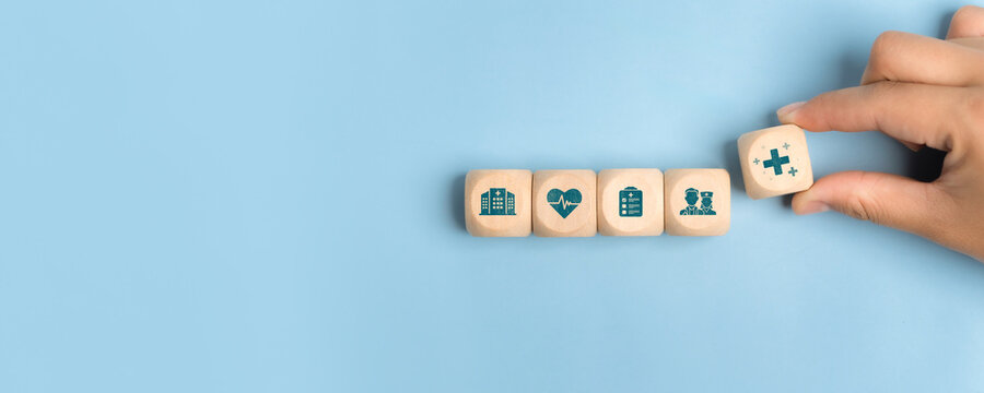 Healthcare and health insurance concept. Healthcare, medical and health insurance icons. Health insurance benefits, medical expenses and financial security. Copy space.