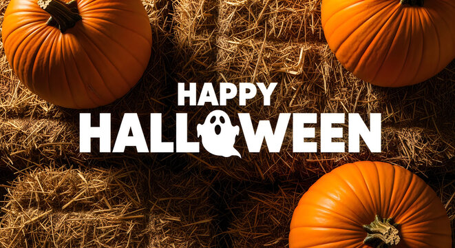 Pumpkins and hay with a happy halloween message for autumn celebrations