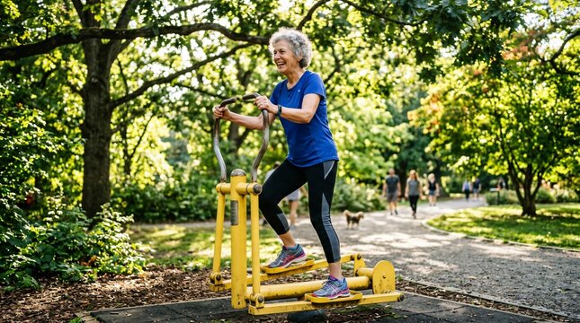 Active senior woman exercising on an outdoor elliptical machine in a sunny park, promoting healthy aging, active lifestyle, and vitality on Grandparents Day.