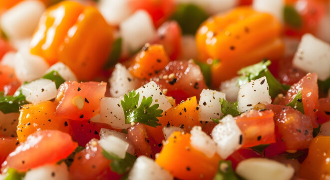 Fresh pico de gallo salsa with diced tomatoes, onions, and cilantro is served as a vibrant dip.