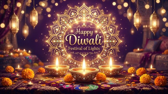 Happy diwali festival of lights greeting card with ornate mandala, glowing diyas, marigold flowers, and hanging lanterns