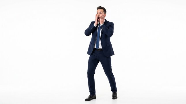 Surprised businessman with both hands on his cheeks, wide eyes and open mouth, dramatic reaction gesture, isolated on pure white background