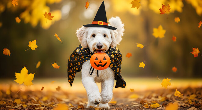 Adorable dog wearing a witch hat and cape running with a pumpkin bucket for halloween