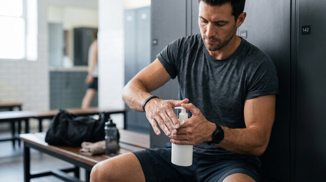 Athletic man applying moisturizer in a gym locker room for men's skincare routine and postworkout care lifestyle imagery