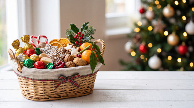 Christmas wicker gift basket filled with fruits nuts candy and gingerbread for holiday centerpiece background and festive table decoration