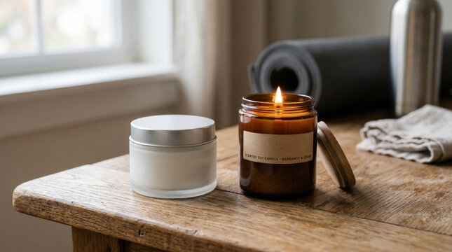 Lit scented candle and cream jar on wooden table for home spa background and relaxation product banner for lifestyle design