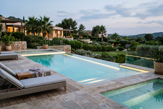 Luxury villa pool terrace at dusk with lounge chairs and ambient lighting for hotel banner background and real estate design