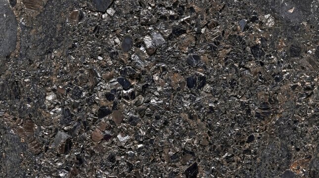 Detailed Macro Texture of Natural Raw Chromite Ore Surface with Metallic Pitch-Black Grains