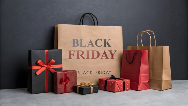 Black Friday shopping bags and gift boxes on dark background for seasonal retail sale event