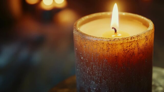 A single candle with a teardrop shape is lit and casting a warm glow.