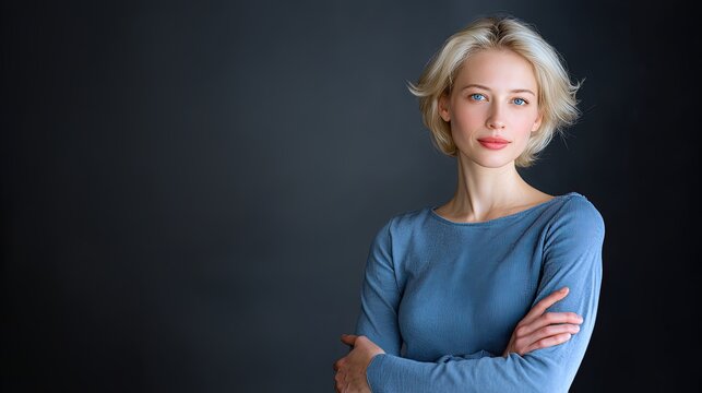 Serene confidence, woman with arms folded, strength in poise, luminous blue eyes, fair-skinned, subtle makeup, modern blonde bob. body composition study Elegance, svelte silhouette caressed 
