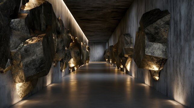 Prompt: A dramatic industrial-geological concept. A long, minimalist concrete corridor features walls embedded with giant, cubic formations of metallic golden pyrite reflecting harsh directional 