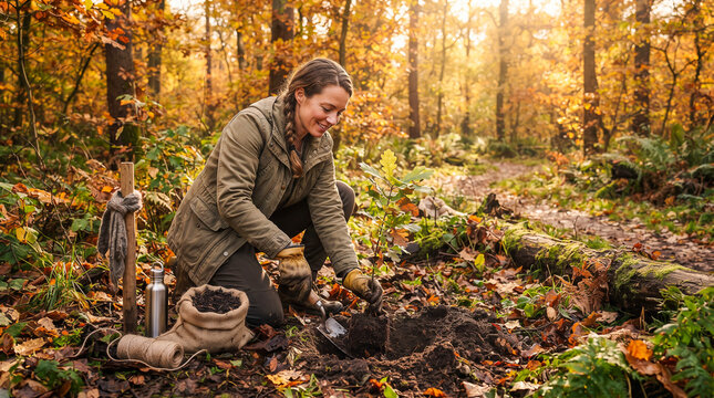 Persona plantando un &aacute;rbol en un bosque oto&ntilde;al, concepto de reforestaci&oacute;n, sostenibilidad, conservaci&oacute;n de la naturaleza y protecci&oacute;n del medioambiente.