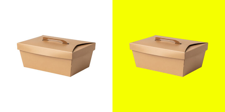 Recyclable cardboard food box with handle for takeaway and delivery services transparent png