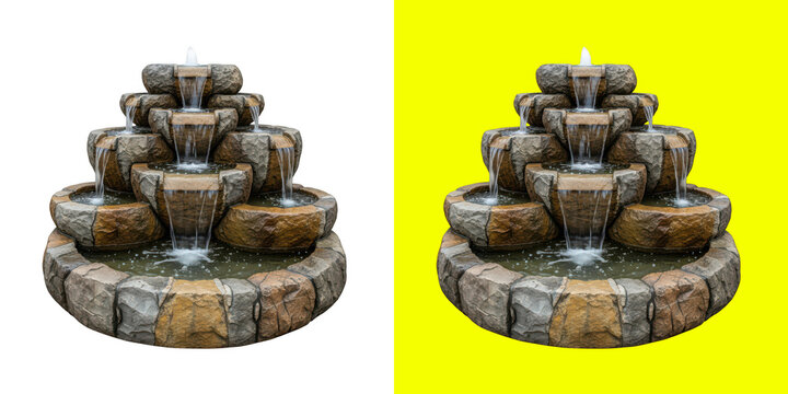 Tiered stone fountain with flowing water cascading down garden tiers transparent png