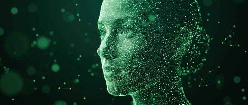 Digital Human Face with Abstract Particles and Network Connections.