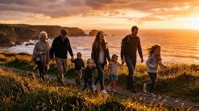 Multi-generational family walking along a coastal cliff path at golden hour sunset, celebrating togetherness, love, and bonding outdoors.