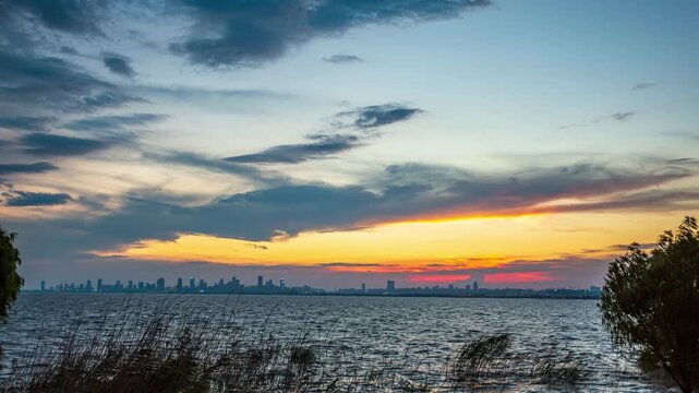 Sunset at Chaohu Lake Hefei Binhu: City Silhouette and Lakeside Reeds at Dusk