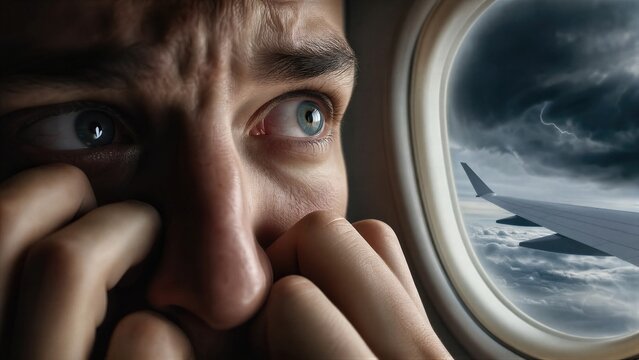 Man experiencing aerophobia while looking through airplane window at stormy sky. Fear of flying and intense anxiety during flight. Psychological stress and travel phobia mental health concept.
