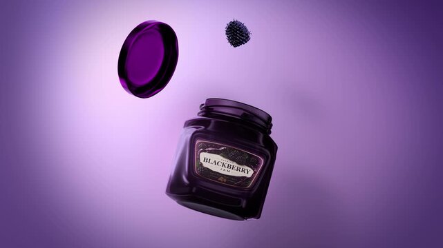 3D animation of a blackberry jam jar with floating blackberries and lid on a purple background. Premium food product visualization, non-AI, 4K.