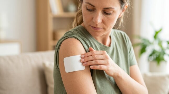 Woman applying medical adhesive patch on shoulder for pain relief or medication treatment