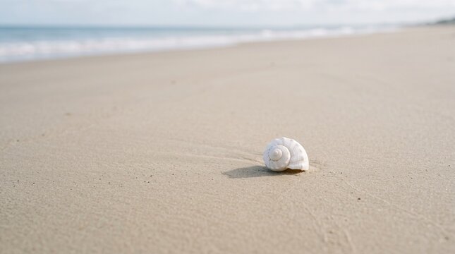 Single white seashell on beige sand beach with soft ocean waves in the background.