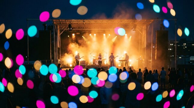 Live band performing on outdoor stage at night with bright lights, stage fog, silhouetted crowd, and colorful bokeh light overlay at a music festival.